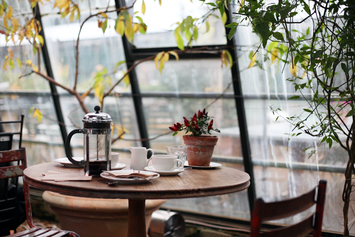 Coffee cups on a cafe table beside a window and leafy plants